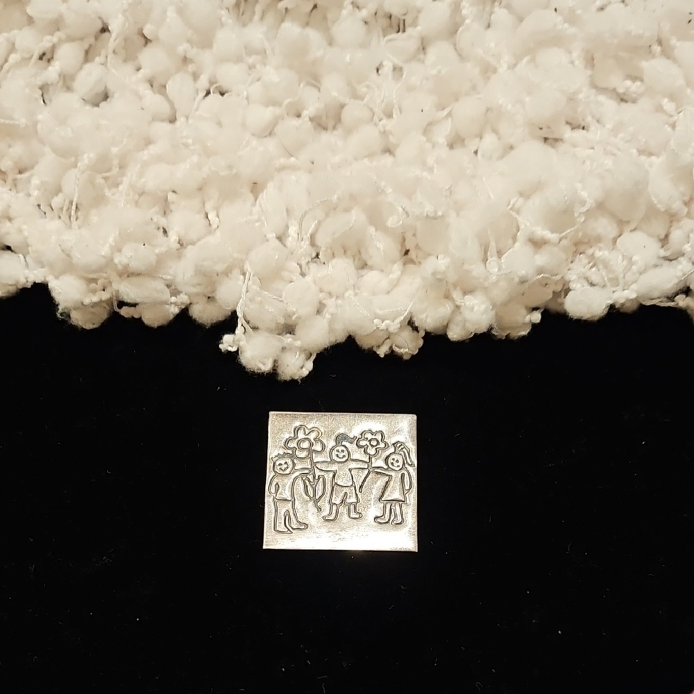 Vintage Silver Square Brooch with Floral & Children Design